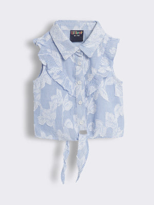 Girls Sleeveless Ruffle Knot Top with Shirt Collar