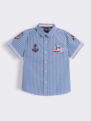 Boys Striped Half Sleeve Shirt with Contrast Applique Patch Embroidery