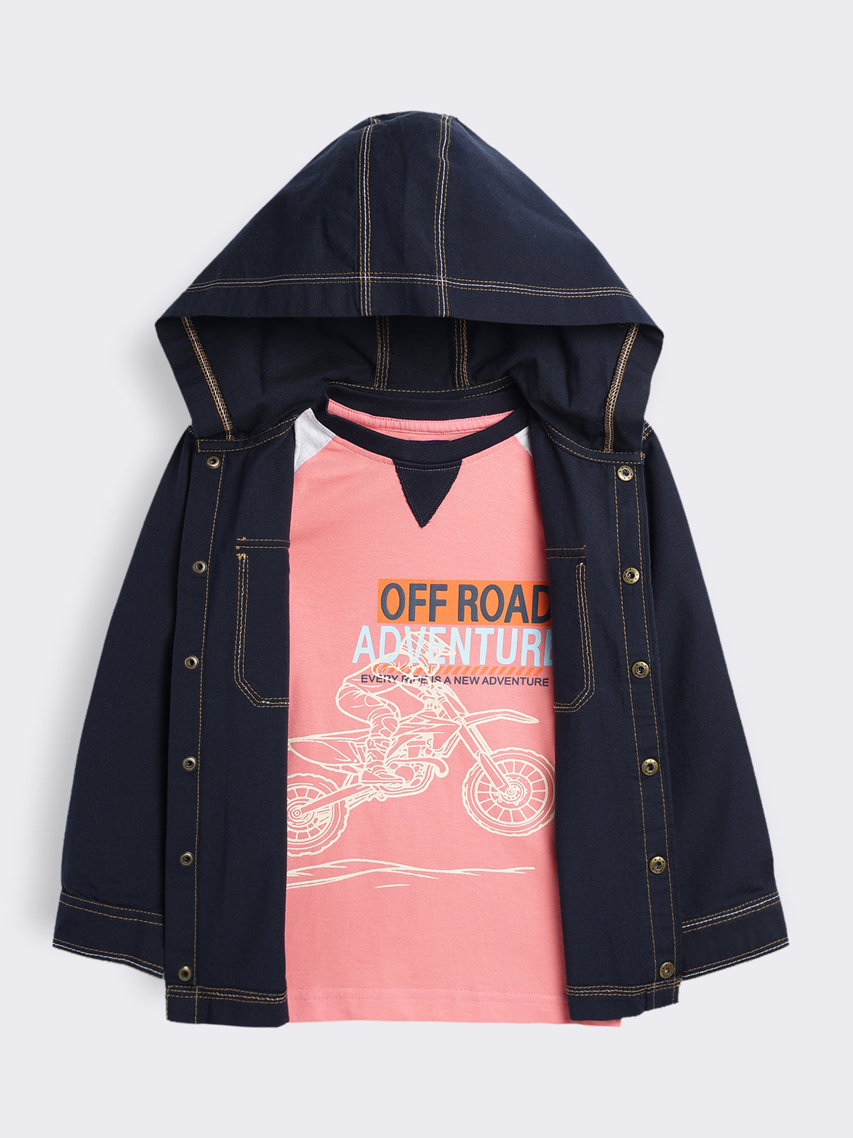 Boys Hooded Shacket with Contrast Stitch Detail and Graphic Printed T-Shirt