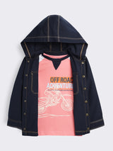 Boys Hooded Shacket with Contrast Stitch Detail and Graphic Printed T-Shirt