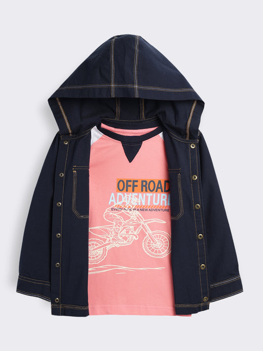 Boys Hooded Shacket with Contrast Stitch Detail and Graphic Printed T-Shirt