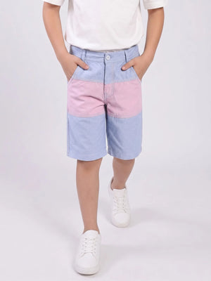 Boys Oxford Chambray Colour Block Bermuda Shorts with Contrast Saddle Stitch