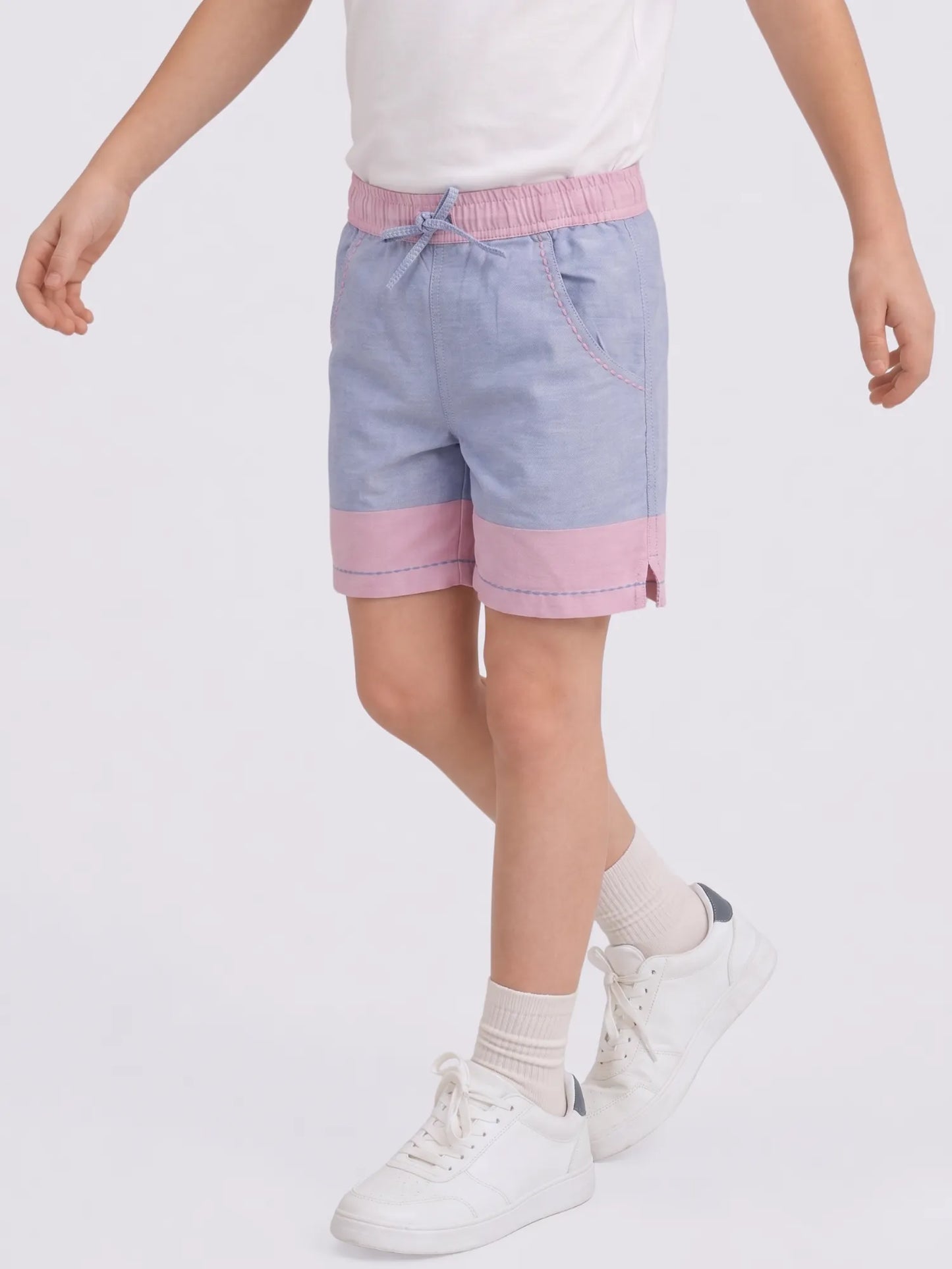 Boys Oxford Chambray Colour Block Shorts with Pocket Detailing and Saddle Contrast stitch