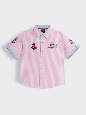 Boys Striped Half Sleeve Shirt with Contrast Applique Patch Embroidery
