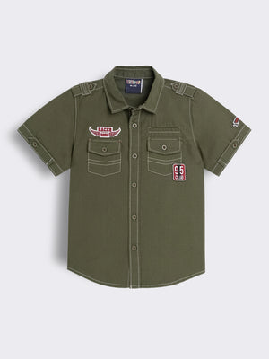 Boys Solid Shirt with Badge Details and Flap Pockets