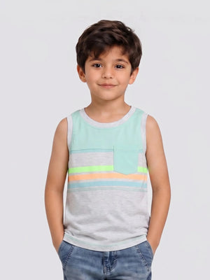 Boys Colour-Blocked Single Jersey Sleeveless T-Shirt with Chest Pocket
