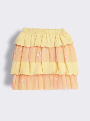 Girls Knit Floral Printed Layered Ruffle Skirt