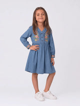 Girls Denim Full Sleeve Knee-Length Dress with Contrast Embroidery