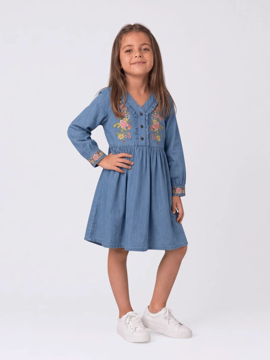 Girls Denim Full Sleeve Knee-Length Dress with Contrast Embroidery
