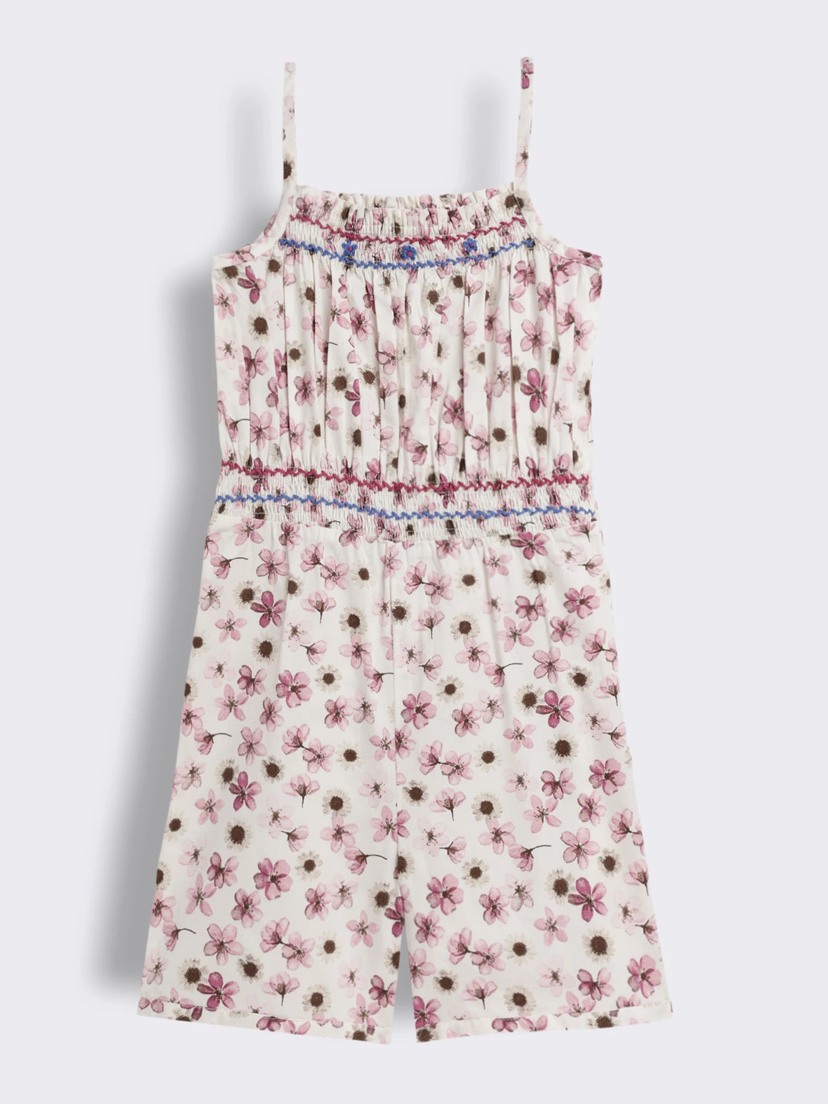 Girls Print Knit Playsuit with Smocking Detail