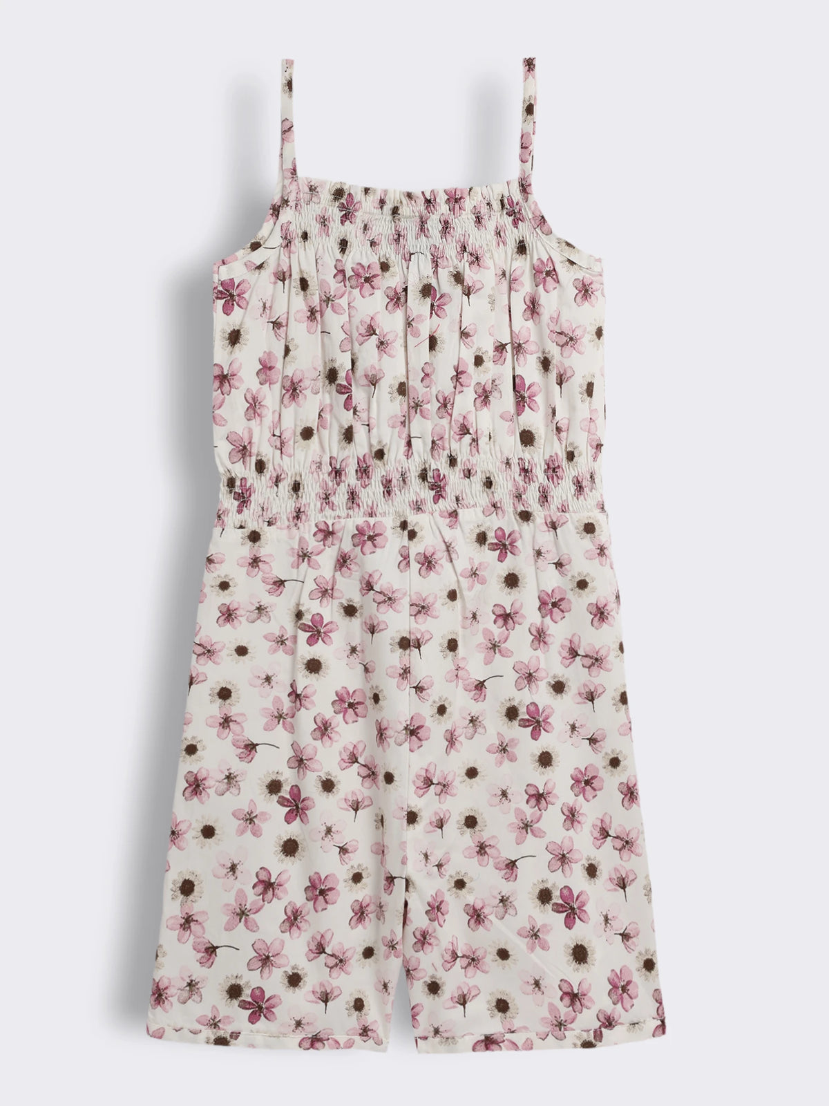 Girls Print Knit Playsuit with Smocking Detail
