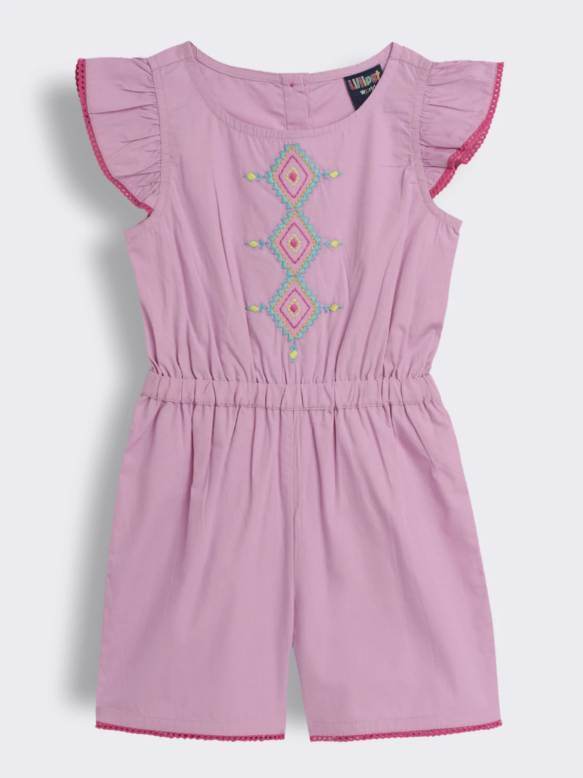 Girls Solid Cotton Romper with Embroidery