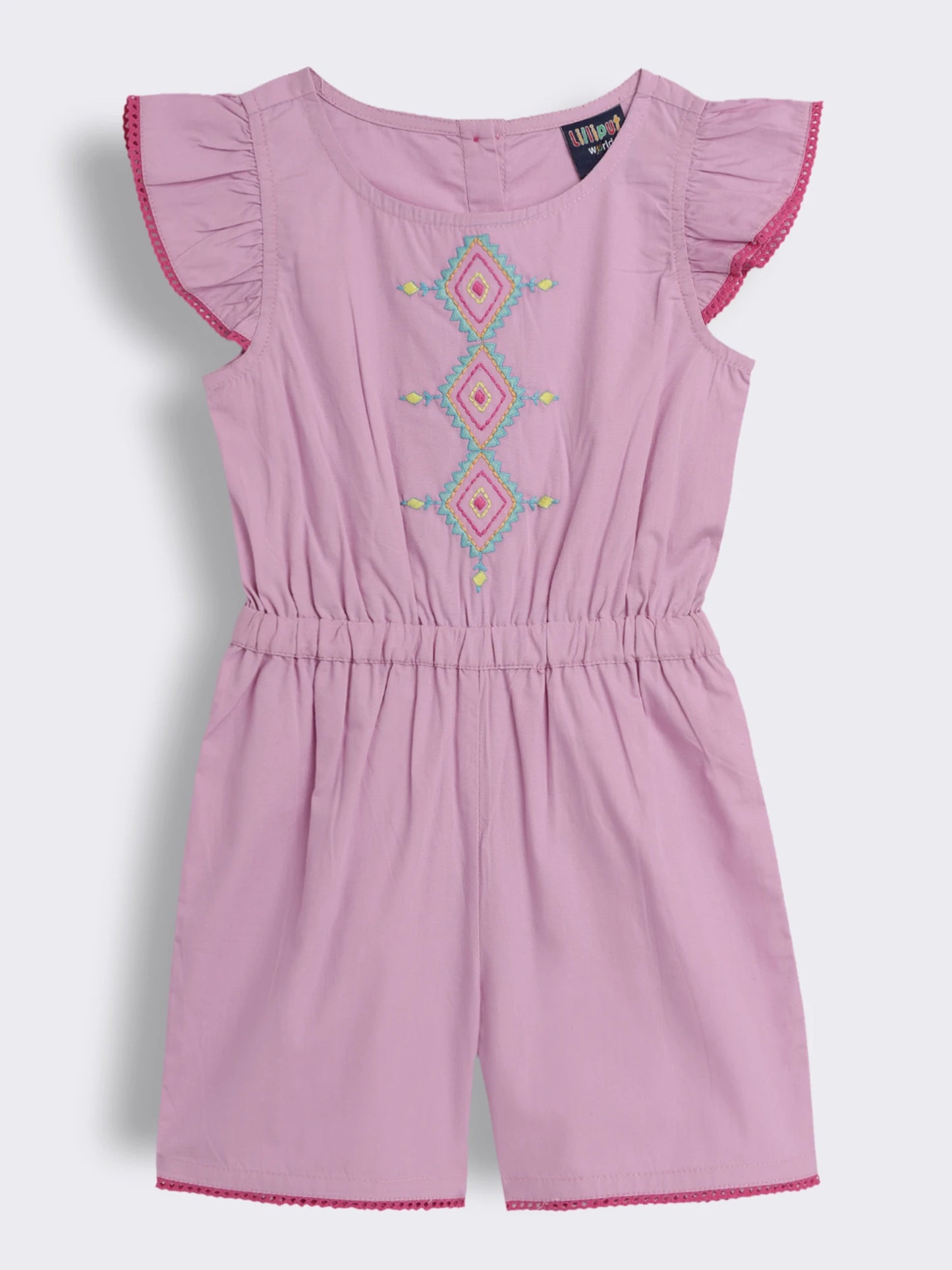 Girls Solid Cotton Romper with Embroidery