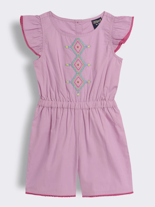 Girls Solid Cotton Romper with Embroidery