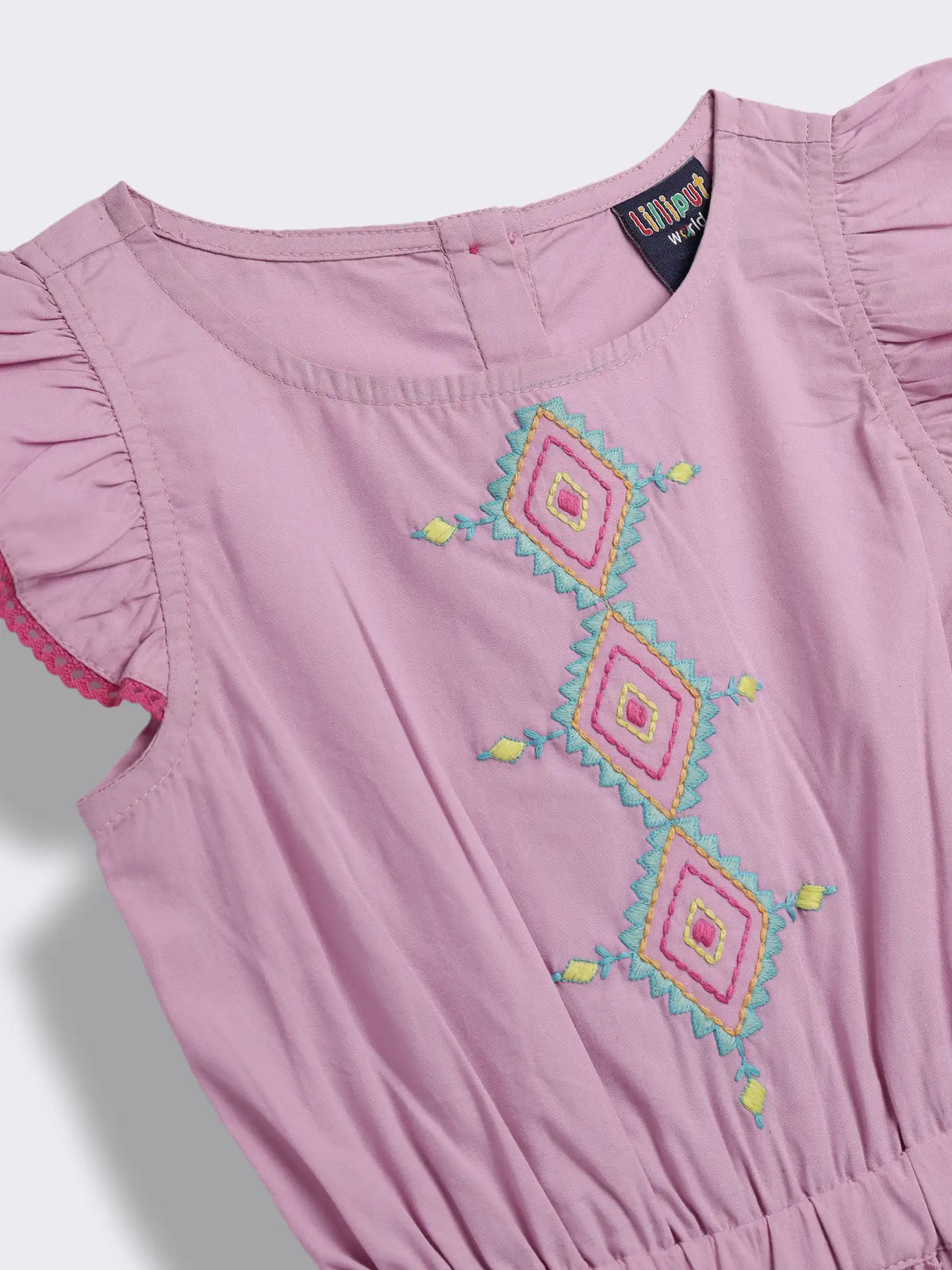 Girls Solid Cotton Romper with Embroidery