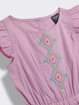 Girls Solid Cotton Romper with Embroidery