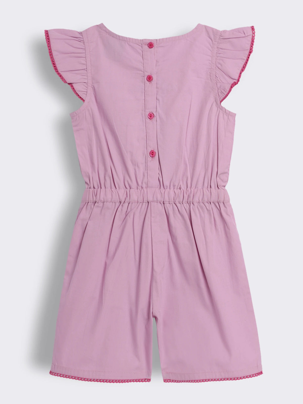 Girls Solid Cotton Romper with Embroidery