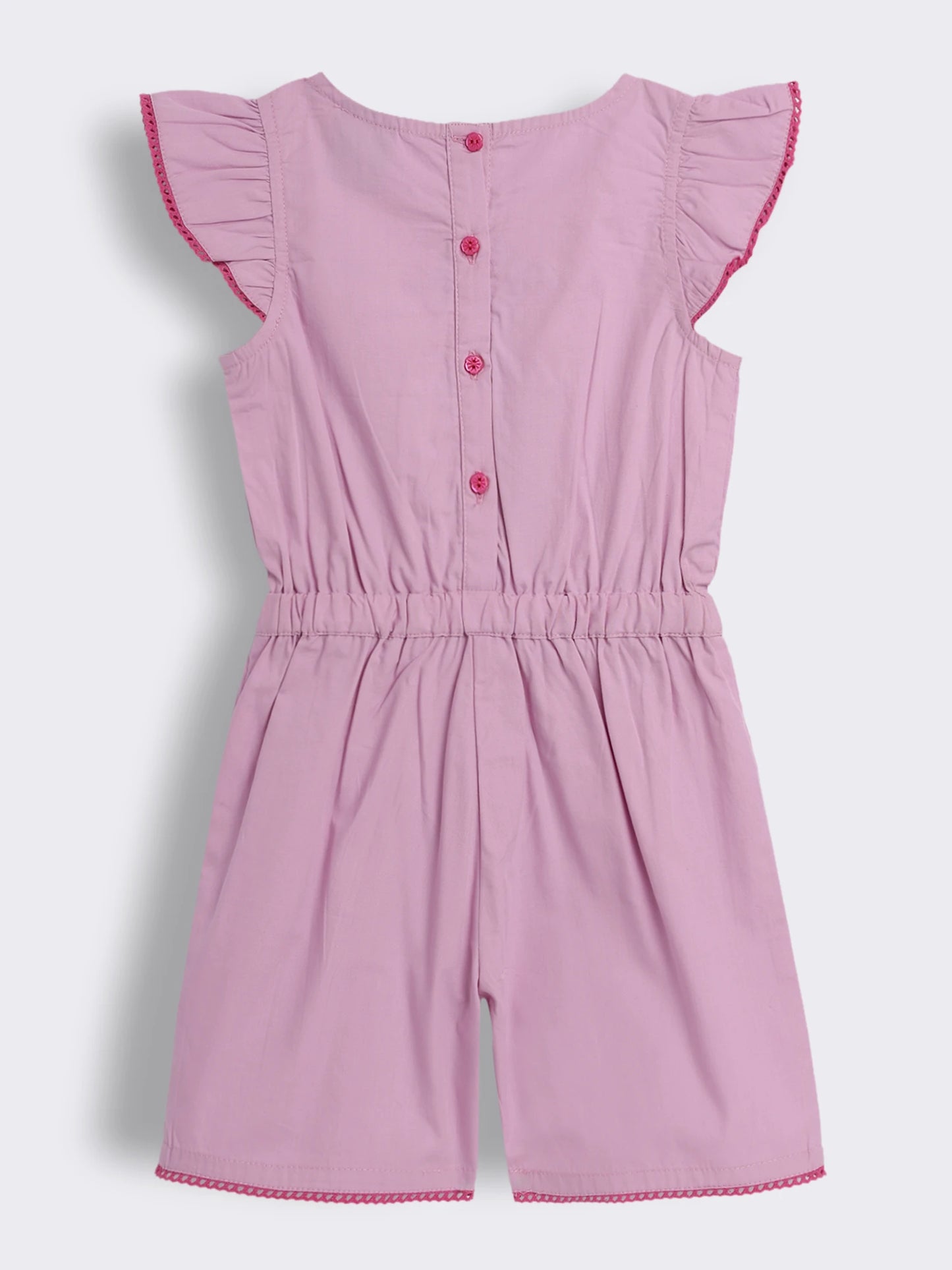 Girls Solid Cotton Romper with Embroidery