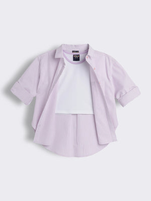 Girls Oversized Oxford Chambray Shirt with Knit T-Shirt 2-Piece Outfit