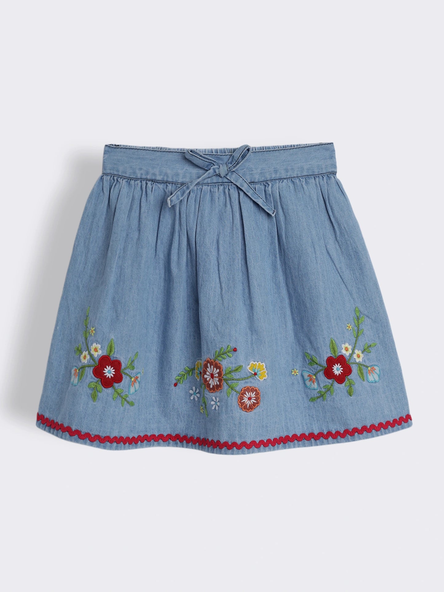 Girls Denim Skirt with Embroidery and Elastic Waist Tie-Up
