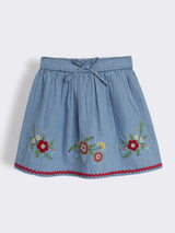 Girls Denim Skirt with Embroidery and Elastic Waist Tie-Up