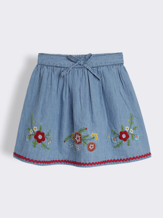 Girls Denim Skirt with Embroidery and Elastic Waist Tie-Up