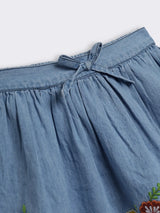 Girls Denim Skirt with Embroidery and Elastic Waist Tie-Up