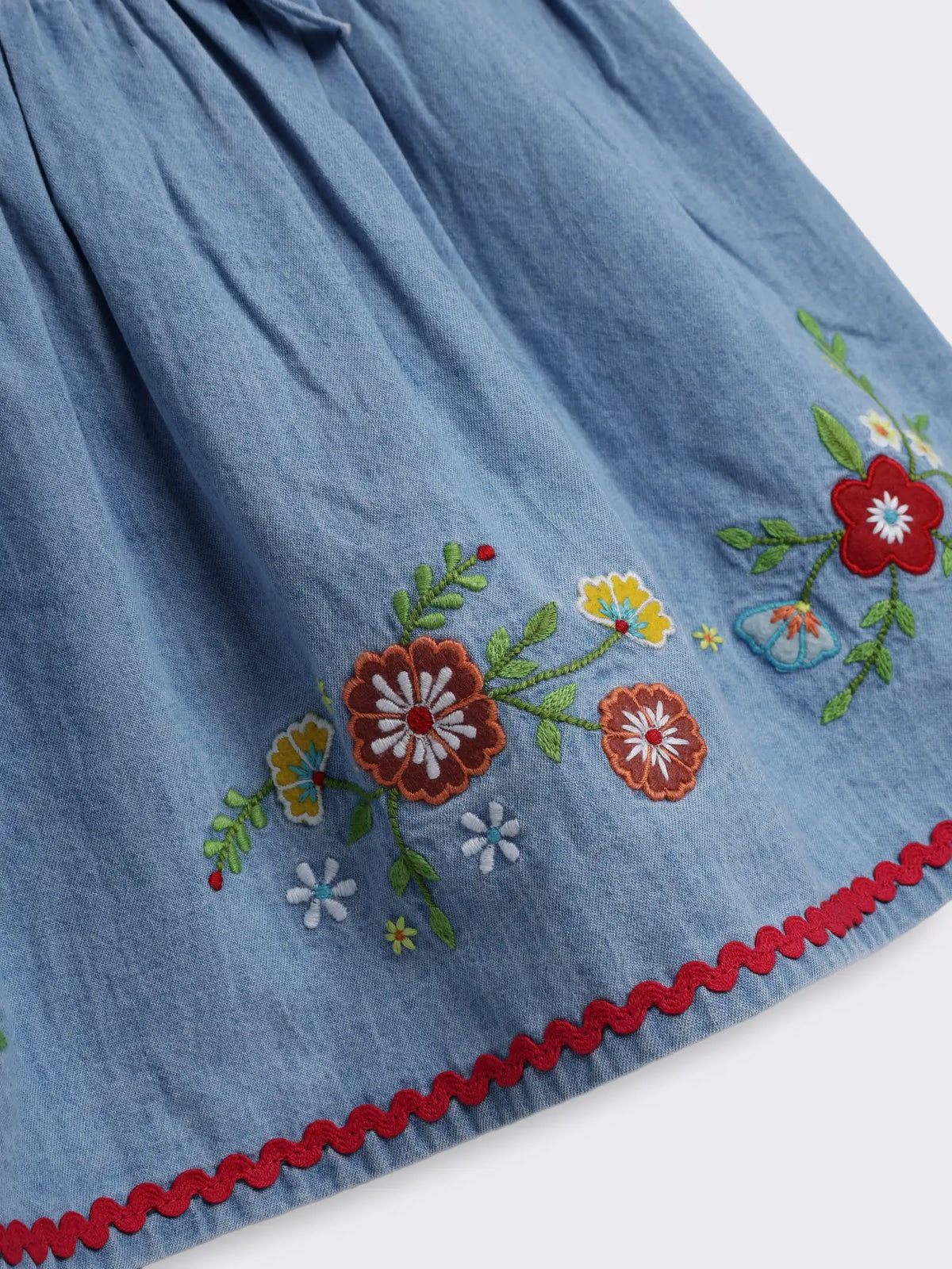 Girls Denim Skirt with Embroidery and Elastic Waist Tie-Up