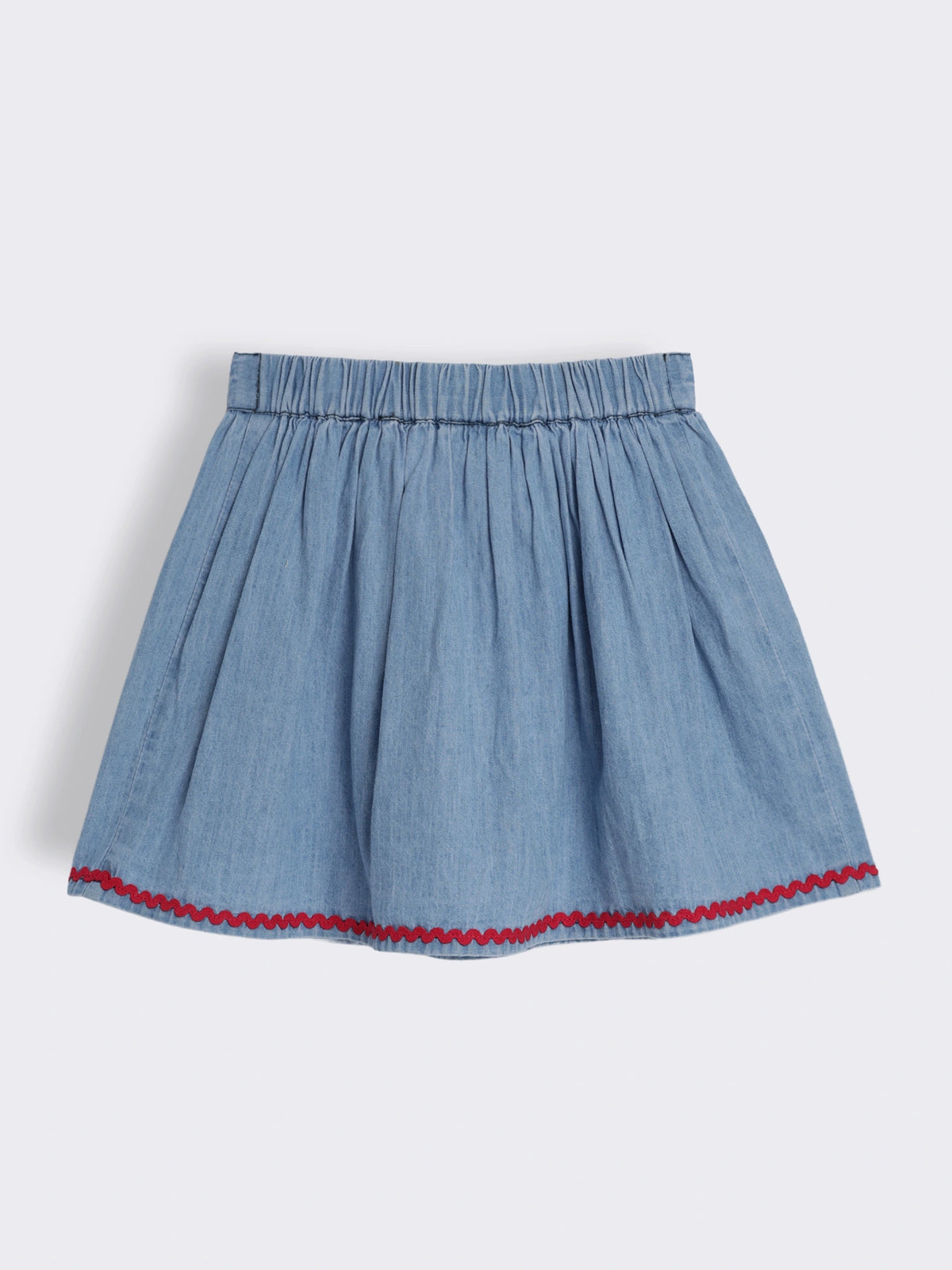 Girls Denim Skirt with Embroidery and Elastic Waist Tie-Up
