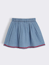 Girls Denim Skirt with Embroidery and Elastic Waist Tie-Up