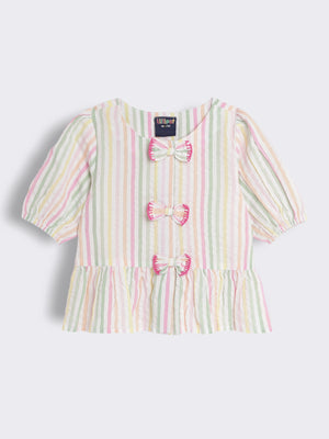 Girls Cotton Seersucker Stripe Top with Bow Detail and Peplum Hem