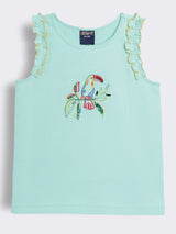Girls Cotton Knit Sleeveless Top with Embroidery and Frill Detail
