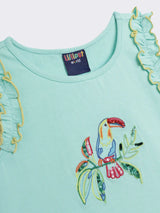 Girls Cotton Knit Sleeveless Top with Embroidery and Frill Detail