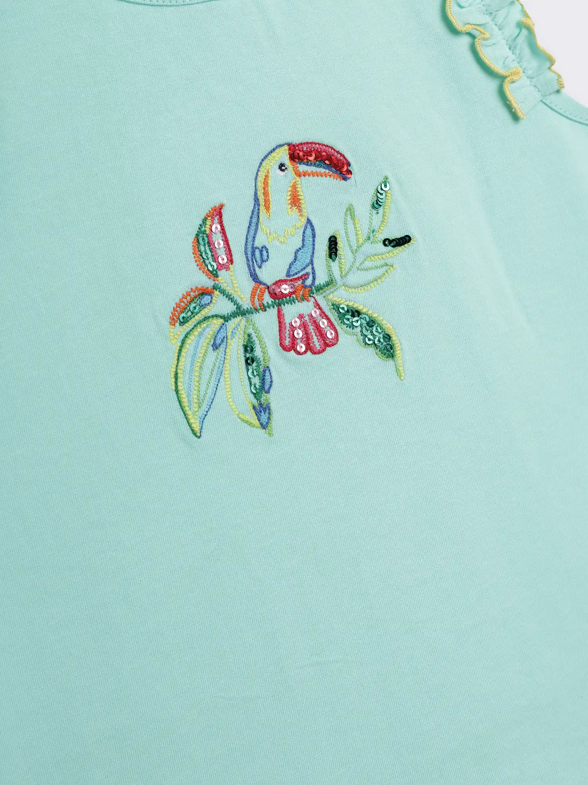 Girls Cotton Knit Sleeveless Top with Embroidery and Frill Detail