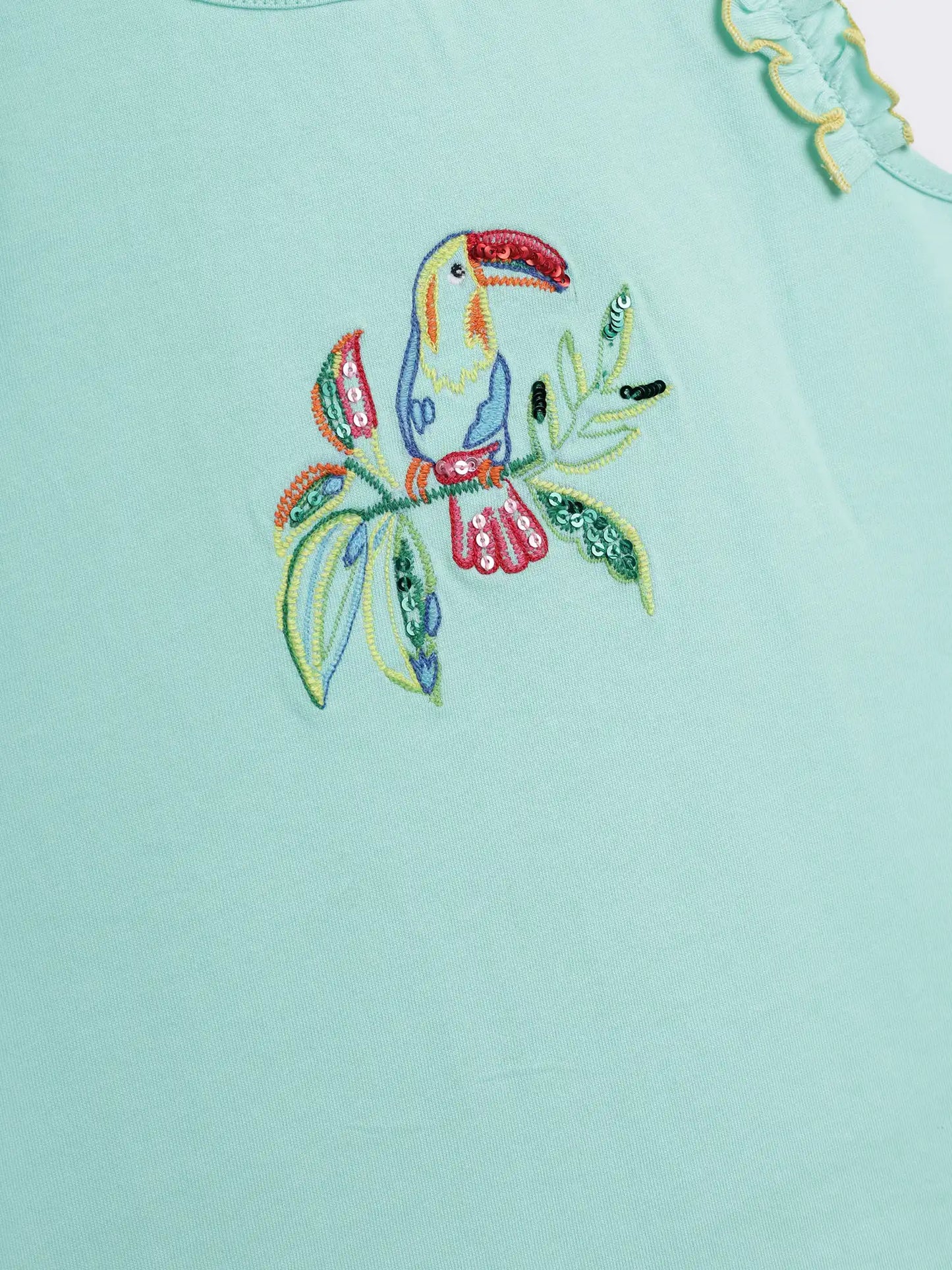 Girls Cotton Knit Sleeveless Top with Embroidery and Frill Detail