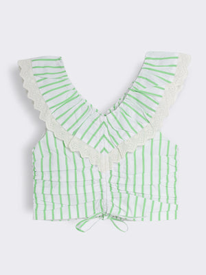 Girls Cotton Striped Top with Lace Trim