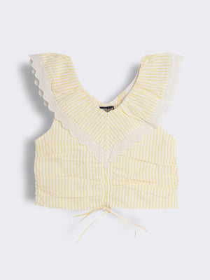 Girls Cotton Striped Top with Lace Trim