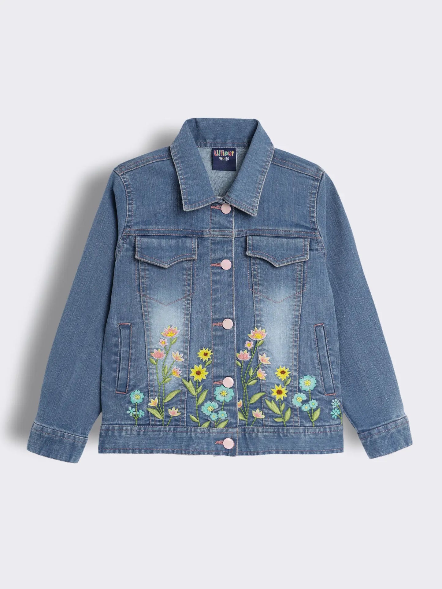 Girls Embroidered Denim Jacket with Floral Placement Detailing