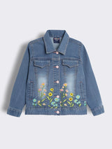 Girls Embroidered Denim Jacket with Floral Placement Detailing