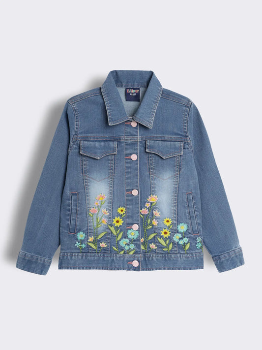 Girls Embroidered Denim Jacket with Floral Placement Detailing
