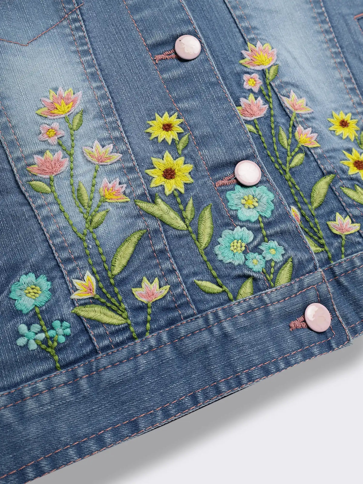 Girls Embroidered Denim Jacket with Floral Placement Detailing