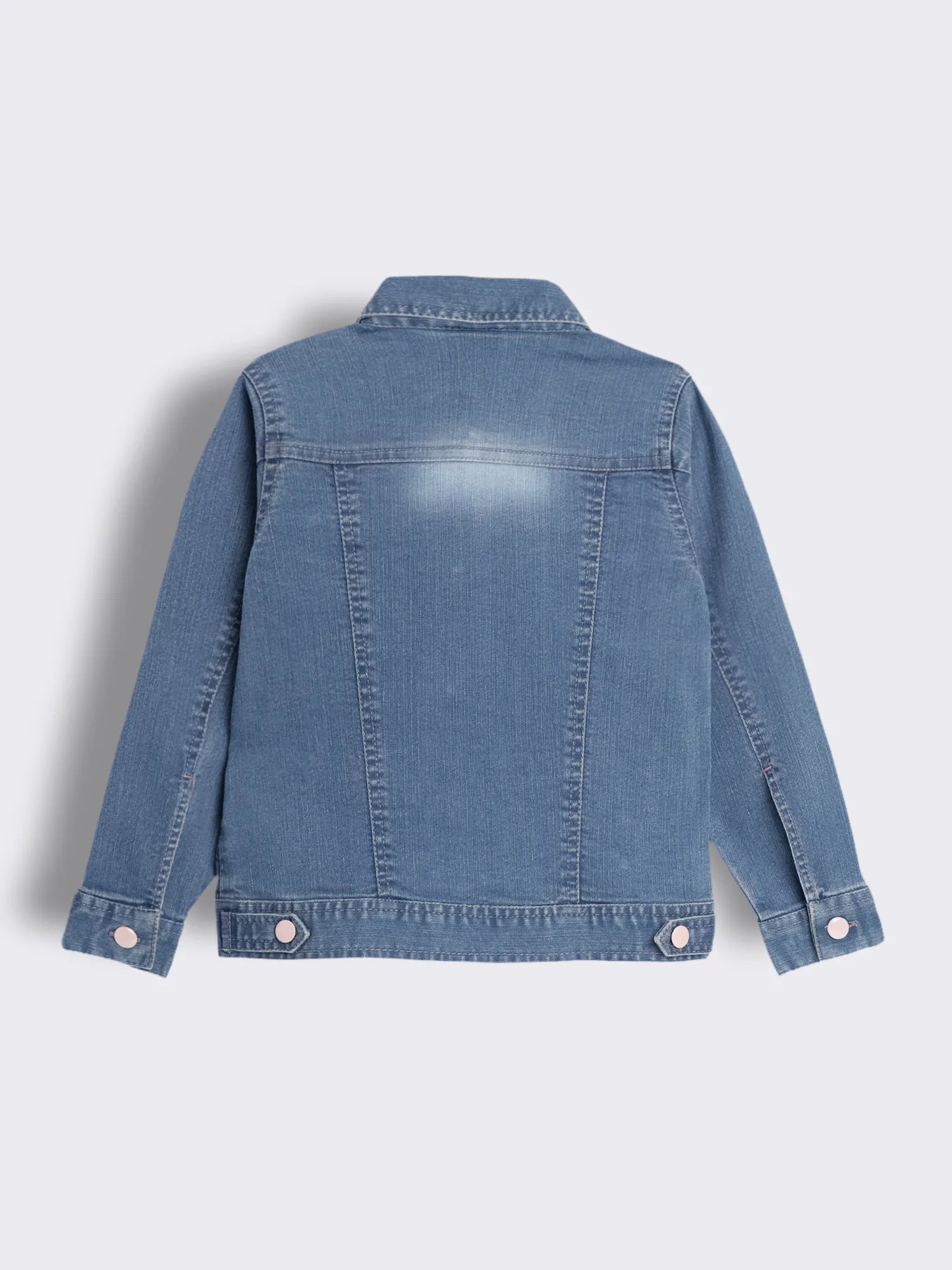 Girls Embroidered Denim Jacket with Floral Placement Detailing