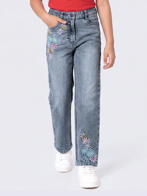 Girls Floral Embroidered Denim Straight-Fit Jeans with Contrast Stitch Detailing