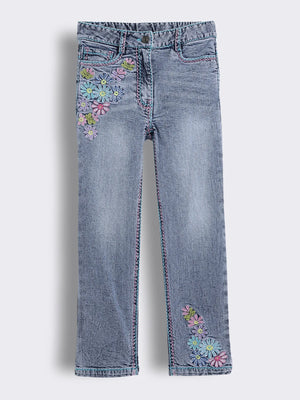 Girls Floral Embroidered Denim Straight-Fit Jeans with Contrast Stitch Detailing