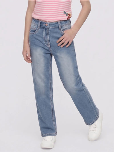 Girls Light Wash Denim Jeans with Contrast Stitching