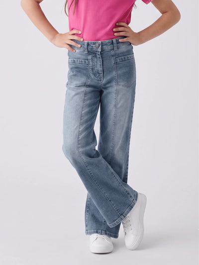 Girls Light Wash Denim Flared Jeans with Front Pockets