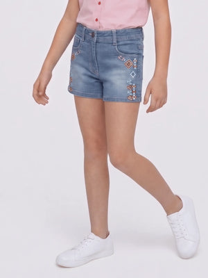 Girls Embroidered Denim Shorts with Contrast Stitch Detail