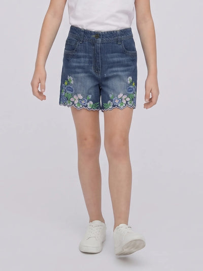 Girls Embroidered Denim Shorts with Scallop Detailing