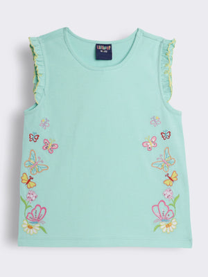 Girls Sleeveless T-shirt with Butterfly Embroidery and Ruffle Trim