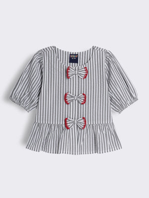 Girls Cotton Seersucker Stripe Top with Bow Detail and Peplum Hem